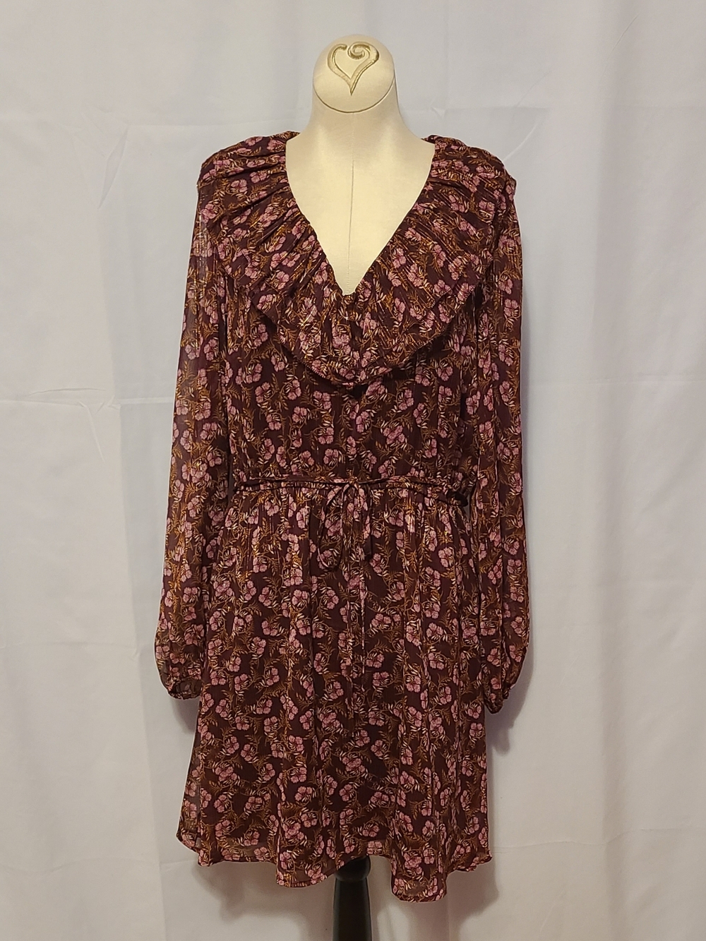 Loft Dress Floral Burgundy Color Mesh Long Sleeve